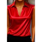 By Kul Design KADIN SATEN GÖMLEK YAKA SATEN BLUZ Kırmızı-S