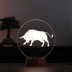 By-Lamp 3 Boyutlu Boğa Led Gece Lambası Ahşap Taban