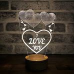 By-Lamp 3 Boyutlu Üç Kalp I Love You Led Lamba Ahşap Taban