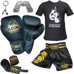 By Leon 1982 Boks Eldiveni, Leon Dragon Kick Boks Şortu, Tişört, Bandaj, Dişlik Seti Siyah - M