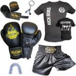 By Leon 1982 Boks Eldiveni, Leon Kick Boks Şortu, Tişört, Bandaj, Dişlik Seti Siyah 6p - XL