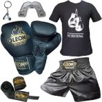By Leon 1982 Boks Eldiveni, Leon Kick Boks Şortu, Tişört, Bandaj, Dişlik Seti Siyah - L - 10 oz