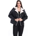 By Marki Marki Kadın Hakiki Deri Mont Siyah Içi Kürklü Kürkü Beyaz Kürk Mont Deri Ceket 111422 - 3XL