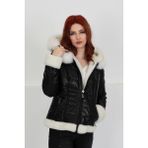 By Marki Marki Kadın Siyah Kapüşonlu Kürk Detaylı Şişme Deri Mont 105022 - 2XL