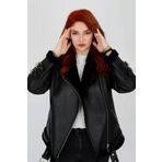 By Marki Marki Siyah Hakiki Deri Kaban, Içi Kürklü, Kemerli Detaylar, Chic Elegance - 70 Cm -