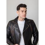 By Motto Vintage Erkek Motorcu Hakiki Deri Ceket - XL - Siyah