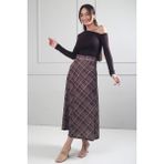 By Saygı Kadın Beli Lastikli Ekose Viskon Saten Likralı Uzun Etek - Kahve - 2XL