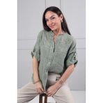 By Saygı Kadın Italyan Yıldız Çiçeği Kabartma Nakış Oversize Keten Gömlek - Standart - Haki