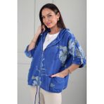 By Saygı Kadın Kapüşonlu Düğmeli Uzun Kıollu Cepli Çiçek Desenli Italyan Cotton Ceket - Standart - Saks