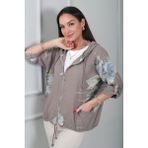 By Saygı Kadın Kapüşonlu Düğmeli Uzun Kıollu Cepli Çiçek Desenli Italyan Cotton Ceket - Standart - Vizon