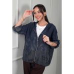 By Saygı Kadın Kapüşonlu Düğmeli Uzun Kollu Cepli Leopar Desen Italyan Cotton Ceket - Standart - Lacivert