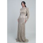 By Saygı Kadın Kolu Tüylü Boncuk ve Pullu Astarlı Tül Uzun Elbise - Gold - 2XL
