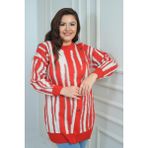 By Saygı Kadın Önü Düğme Detaylı Simli Boyuna Çizgili Büyük Beden Triko Tunik Kazak - Mercan - 2XL