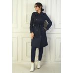 By Saygı Kadın Önü Düğmeli Beli Kuşaklı Cepli Pardesü - Lacivert - 4XL