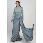 By Saygı Kadın Üstü Pul Sim Detaylı Eteği Büzgülü Astarlı Şifon Uzun Elbise - Mint - XL