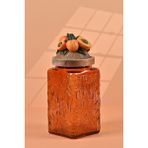 By Uzunoğlu El Yapımı Özel Tasarım Kavanoz - 1000 ml - Vakumlu Ahşap Kapaklı (Kayısı Detaylı) - Dark Amber Çiçekli Kare Cam - Mutfak ve Ev Dekorasyonu