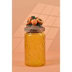By Uzunoğlu El Yapımı Özel Tasarım Kavanoz - 1000 ml - Vakumlu Ahşap Kapaklı (Kayısı Detaylı) - Sarı Çiçekli Yuvarlak Cam - Mutfak ve Ev Dekorasyonu