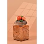 By Uzunoğlu El Yapımı Özel Tasarım Kavanoz - 700 ml - Vakumlu Ahşap Kapaklı (Portakal Detaylı) - Light Amber Çiçekli Kare Cam - Mutfak ve Ev Dekorasyonu