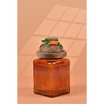 By Uzunoğlu El Yapımı Özel Tasarım Kavanoz - 700 ml - Vakumlu Ahşap Kapaklı (Sebze Detaylı) - Dark Amber Çizgili Cam - Mutfak ve Ev Dekorasyonu