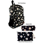 BYBAG 3'lü Set Papatya Desenli Sırt Çantası Kalemlik Makyaj Çantası Büyük Boy Makyaj Çantası