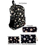 BYBAG 4'lü Set Papatya Desenli Sırt Çantası Kalemlik Makyaj Çantası Büyük Boy Makyaj Çantası