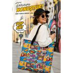 BYBAG İstanbul Pop Art Desenli Fermuarlı Kadın Omuz Çantası – Çift Taraflı Baskılı Oxford Kumaş Tote Bag