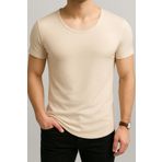 BYBÜLENT Erkek Bej Dar Kesim Oval Etek Geniş Yaka Slim Fit Kısa Kollu Tişört T-Shirt