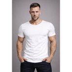 BYBÜLENT Erkek Beyaz Oval Etek Normal Geniş Yaka Pamuklu Slim Fit Kısa Kollu Tişört T-shirt