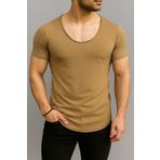 BYBÜLENT Erkek Camel Dar Kesim Oval Etek Geniş Yaka Slim Fit Kısa Kollu Tişört T-Shirt