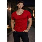 BYBÜLENT Erkek Oval Yaka Tişört Açık Yaka Likralı Slim Fit T-shirt Bordo Vr014