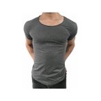 BYBÜLENT Erkek Oval Yaka Tişört Açık Yaka Likralı Slim Fit T-shirt Gri