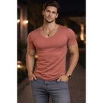 BYBÜLENT Erkek Oval Yaka Tişört Açık Yaka Likralı Slim Fit T-shirt Pudra Vr047