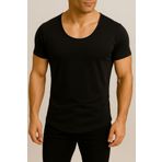 BYBÜLENT Erkek Siyah Dar Kesim Oval Etek Geniş Yaka Slim Fit Kısa Kollu Tişört T-Shirt