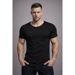 BYBÜLENT Erkek Siyah Oval Etek Normal Geniş Yaka Pamuklu Slim Fit Kısa Kollu Tişört T-shirt