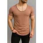 BYBÜLENT Erkek Vizon Dar Kesim Oval Etek Geniş Yaka Slim Fit Kısa Kollu Tişört T-Shirt