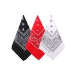 Bycc Bynn 3 Paket %100 Pamuk Şal Desenli Bandana Yüz Maskesi Kare Eşarp Başlık, Siyah + Kırmızı + Beyaz, Size: 53cm * 53cm