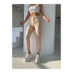 ByCukurovaFrango BY-4387 Bej Süper Yüksek Bel Comfort Likralı Mom Kot Pantalon Jeans Krem Dar Paça Pantolon