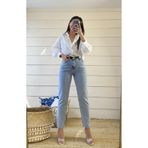 ByCukurovaFrango BY-9442 Mavi Mom Kot Likralı Yüksek Bel Kar Yıkamalı Jeans Yıkama Boyfriend Taş Dar Paça Pantolon