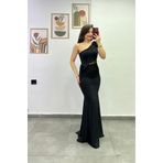 bydenizcollection Tek Omuz,Omzu Ve Beli Aksesuar Detaylı Yan Bel Kısmı Tüllü Buzzy Kumaş Abiye Elbise