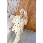 ByGamzeArman Tesettür Boneli Ayıcık Desenli Kısa Kol Geniş Kalıp Hamile Lohusa Pijama Takımı