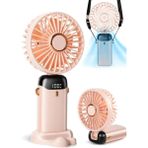 ByKurt LCD Ekranlı Şarjlı El Fanı Mini Vantilatör 5 Kademe Sessiz Boyun Askılı Pembe Fan