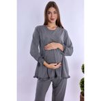 ByLohusa Pamuklu Gizli Emzirme Detaylı Hamile & Lohusa Pijama Takımı | Ayarlanabilir Bel Effortt - Füme