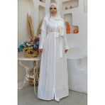 Bym Fashion Boncuk İşlemeli Tam Boy Ferace 7894 Ekru - 46