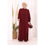 Bym Fashion Boydan Düğmeli Elbise 6045 Bordo - 46