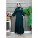 Bym Fashion Boydan Düğmeli Omuz Taş İşleme Detaylı Ferace Elbise 3840 Zümrüt