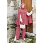 Bym Fashion Bym Pelerinli Düğme Detay Ceket ve Pantolon Takım 8354 Gül Kurusu - 38