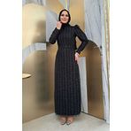 Bym Fashion Çiçek Desenli Simli Tül Abiye Elbise Siyah 1108