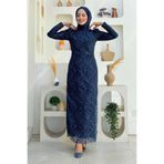 Bym Fashion Dal Desenli Simli Tül Büyük Beden Abiye Elbise Lacivert 1140-1