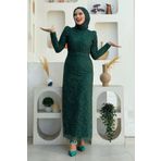 Bym Fashion Dal Desenli Simli Tül Büyük Beden Abiye Elbise Zümrüt