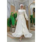 Bym Fashion Dantel Görünümlü Şifon Fırfır Detay Elbise 3783 Ekru - 46